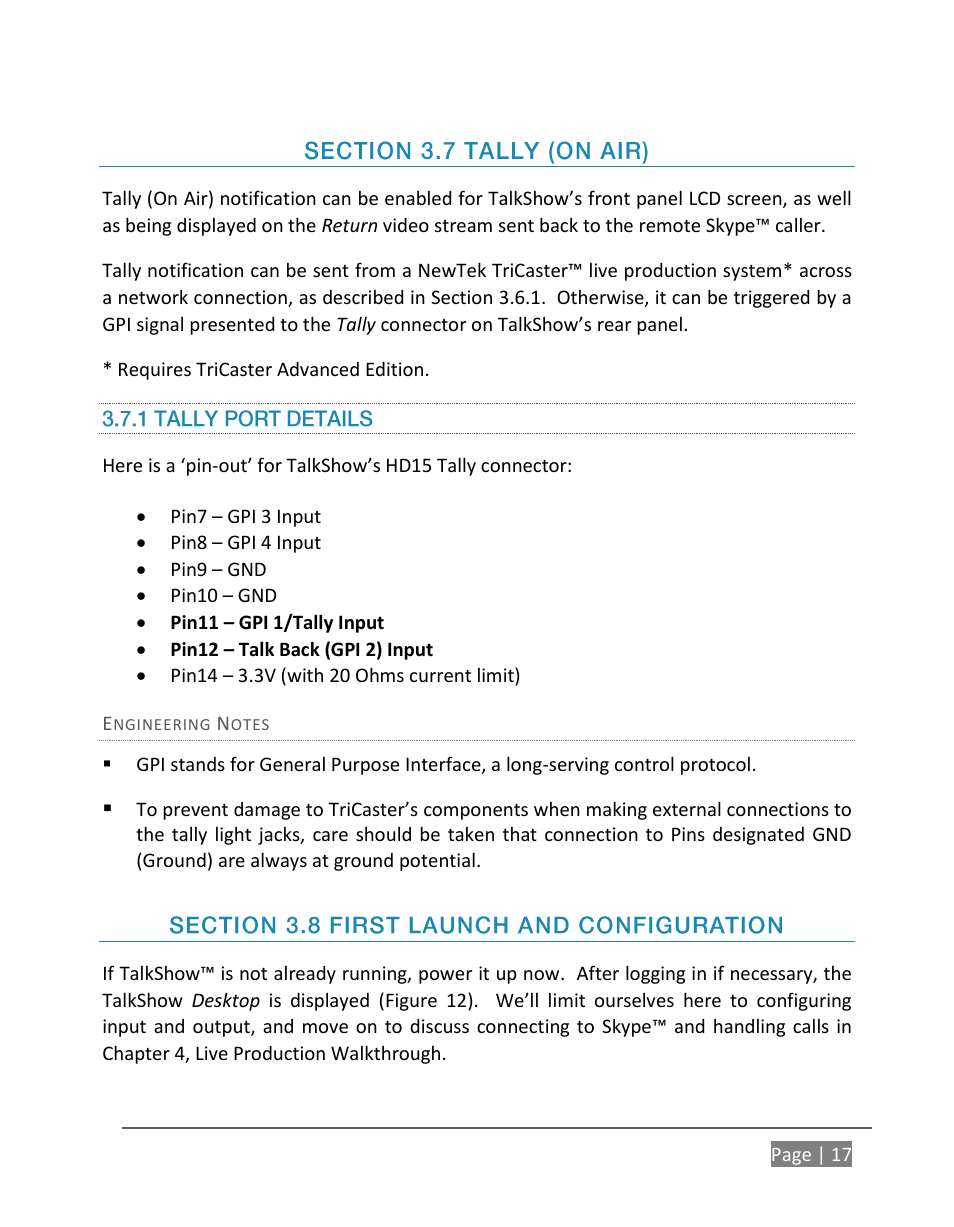 Ection, Ally, 1 tally port details | Irst, Aunch and, Onfiguration | NewTek TalkShow VS-100 User Manual | Page 25 / 101