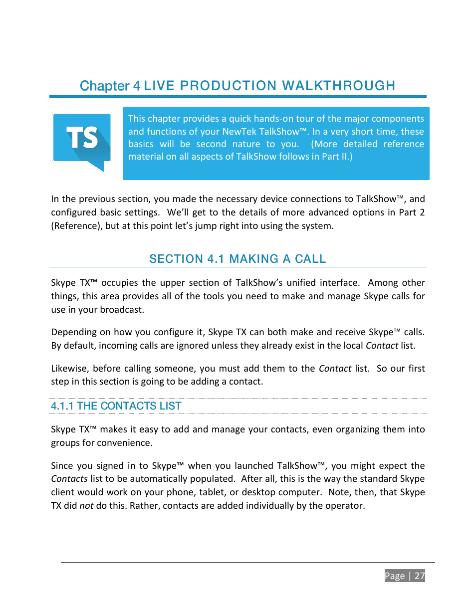 Live production walkthrough, Ection, Aking a | 1 the contacts list | NewTek TalkShow VS-100 User Manual | Page 35 / 101