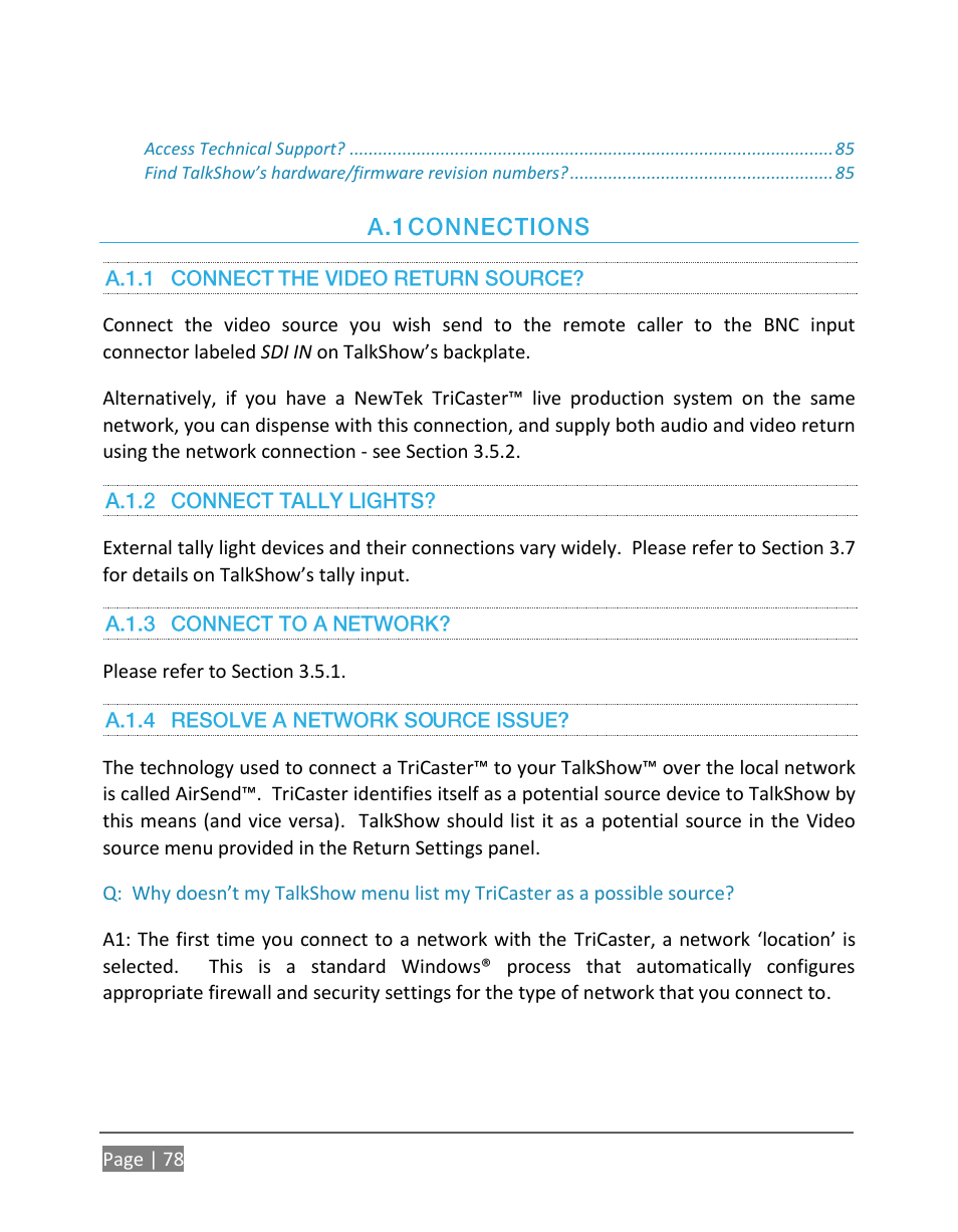 Onnections, A.1.1, Connect the video return source | A.1.2, Connect tally lights, A.1.3, Connect to a network, A.1.4, Resolve a network source issue | NewTek TalkShow VS-100 User Manual | Page 86 / 101