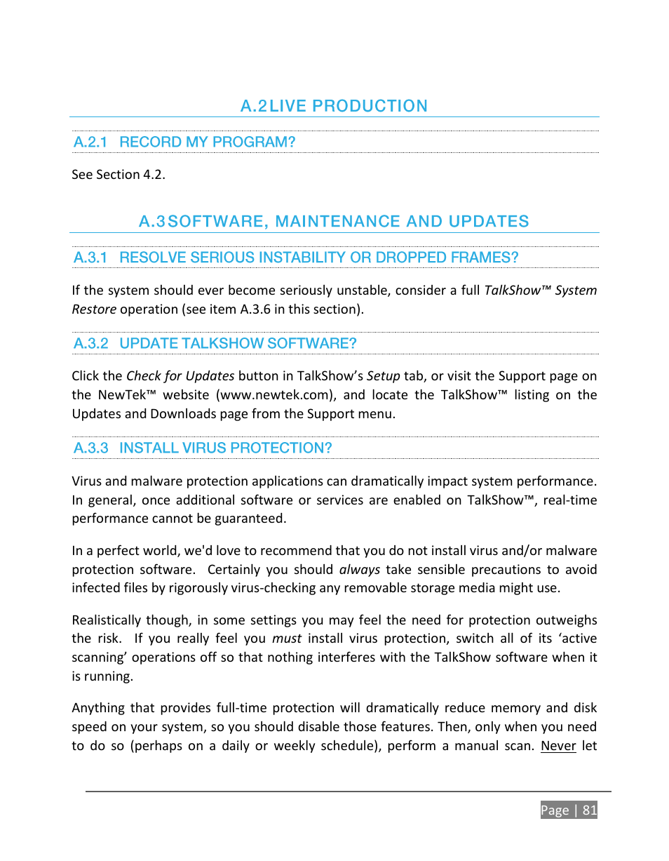 Roduction, A.2.1, Record my program | Oftware, Aintenance and, Pdates, A.3.1, Resolve serious instability or dropped frames, A.3.2, Update talkshow software | NewTek TalkShow VS-100 User Manual | Page 89 / 101