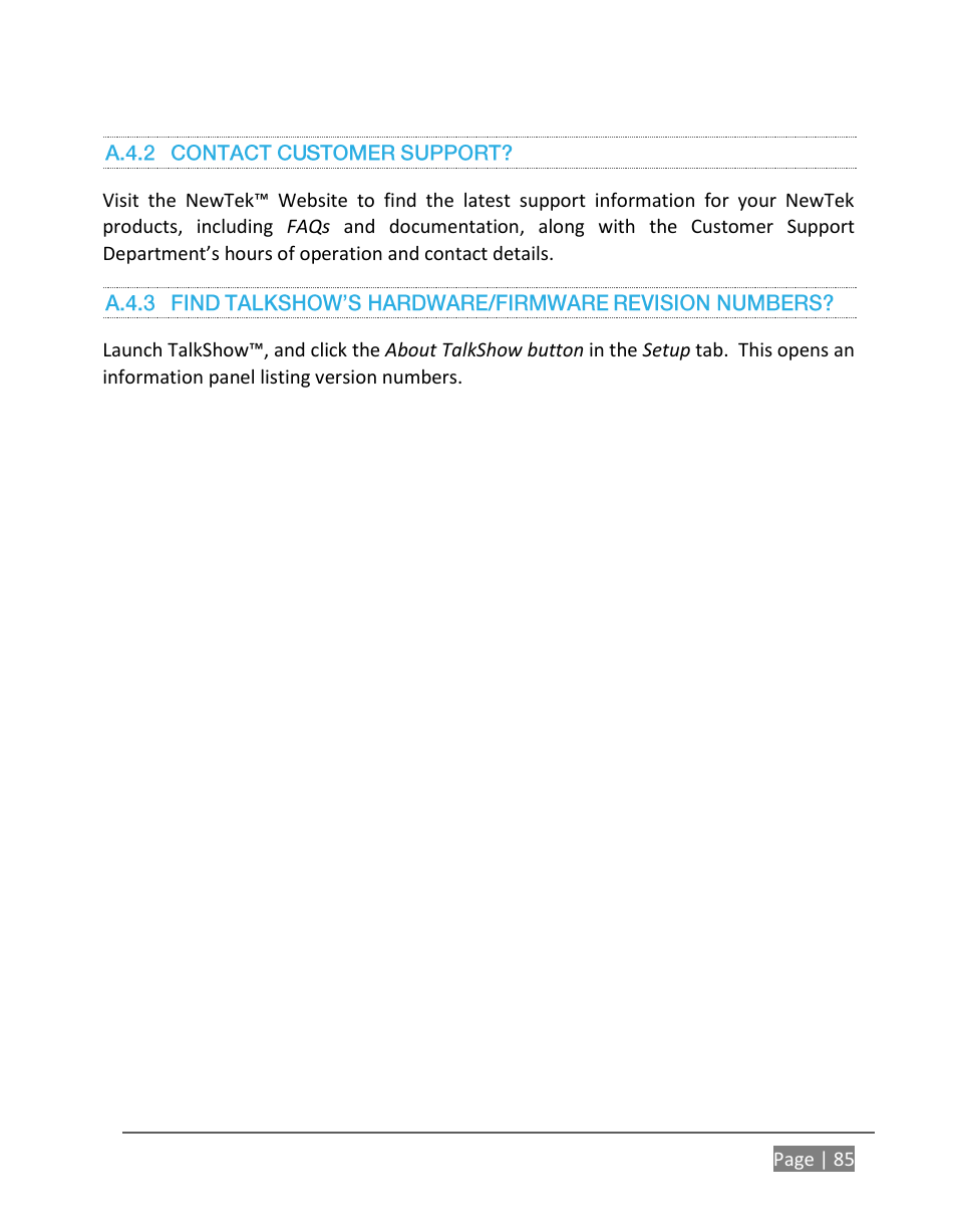 A.4.2, Contact customer support, A.4.3 | Find talkshow’s hardware/firmware revision numbers | NewTek TalkShow VS-100 User Manual | Page 93 / 101