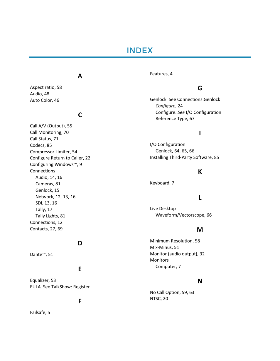 Index | NewTek TalkShow VS-100 User Manual | Page 97 / 101