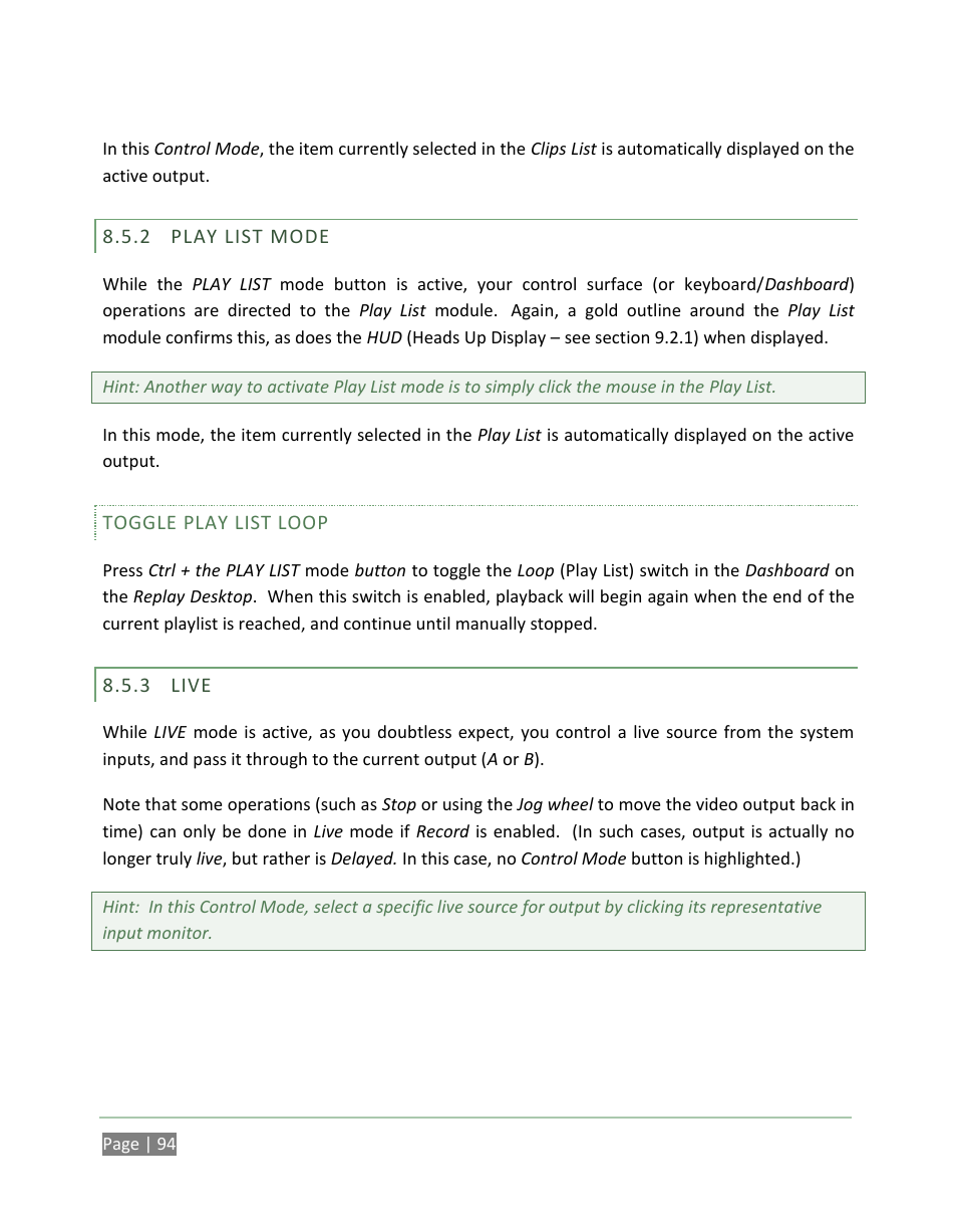 Play list mode, Live | NewTek 3Play 820 User Manual | Page 108 / 194