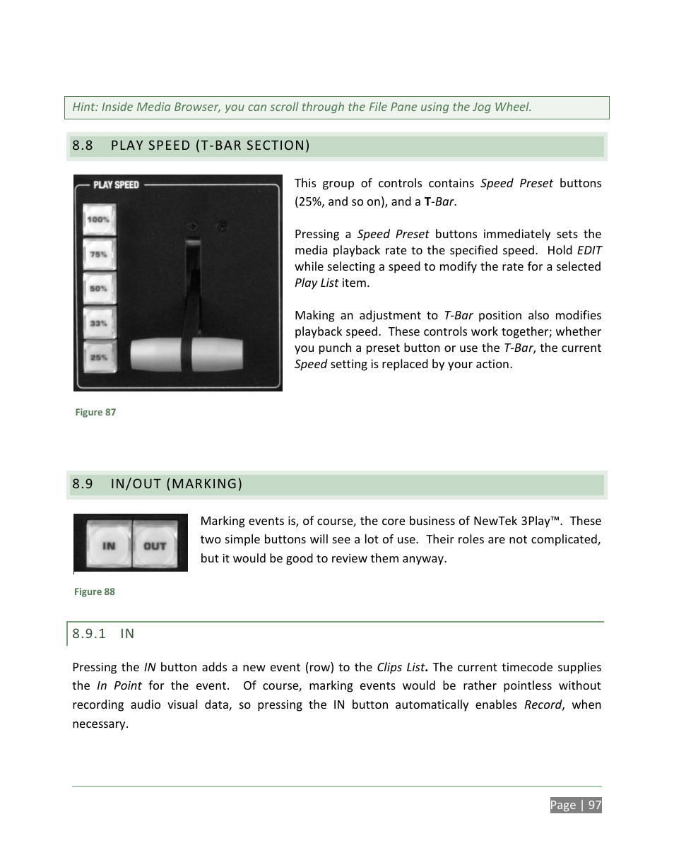 Play speed (t-bar section), In/out (marking) | NewTek 3Play 820 User Manual | Page 111 / 194