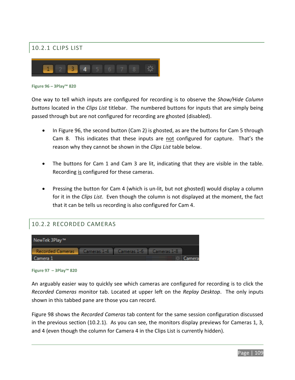 Clips list, Recorded cameras | NewTek 3Play 820 User Manual | Page 123 / 194
