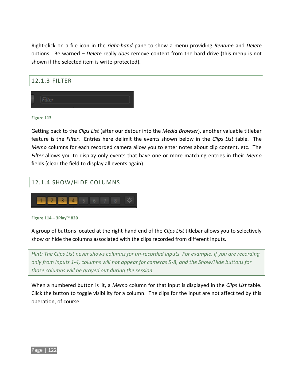 Filter, Show/hide columns | NewTek 3Play 820 User Manual | Page 136 / 194