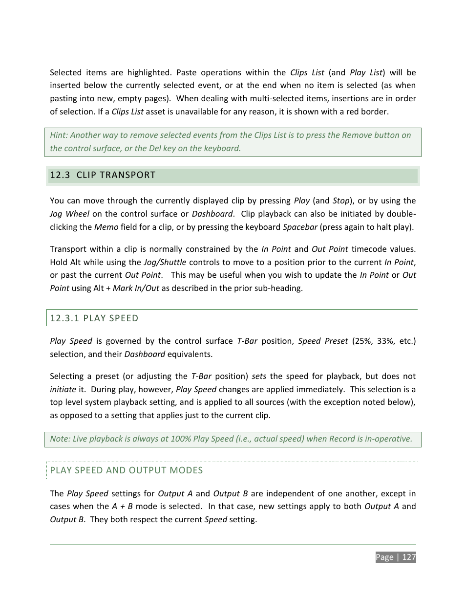 Clip transport, Play speed | NewTek 3Play 820 User Manual | Page 141 / 194