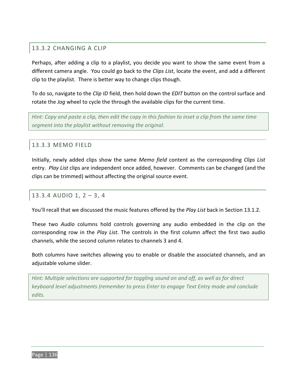 Changing a clip, Memo field, Audio 1, 2 – 3, 4 | NewTek 3Play 820 User Manual | Page 150 / 194