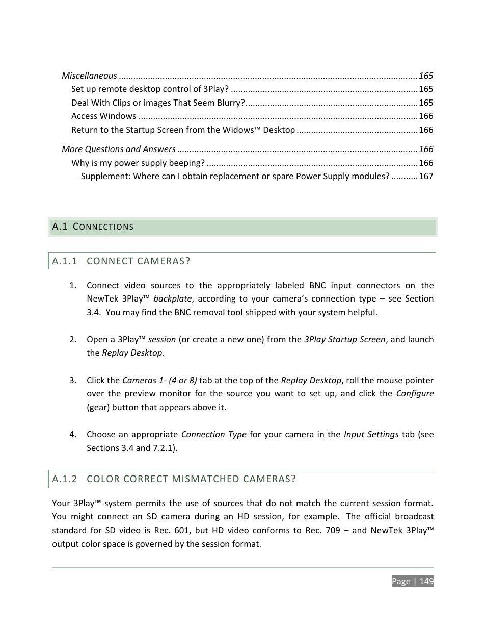 Connections, A.1.1, Connect cameras | A.1.2, Color correct mismatched cameras | NewTek 3Play 820 User Manual | Page 163 / 194