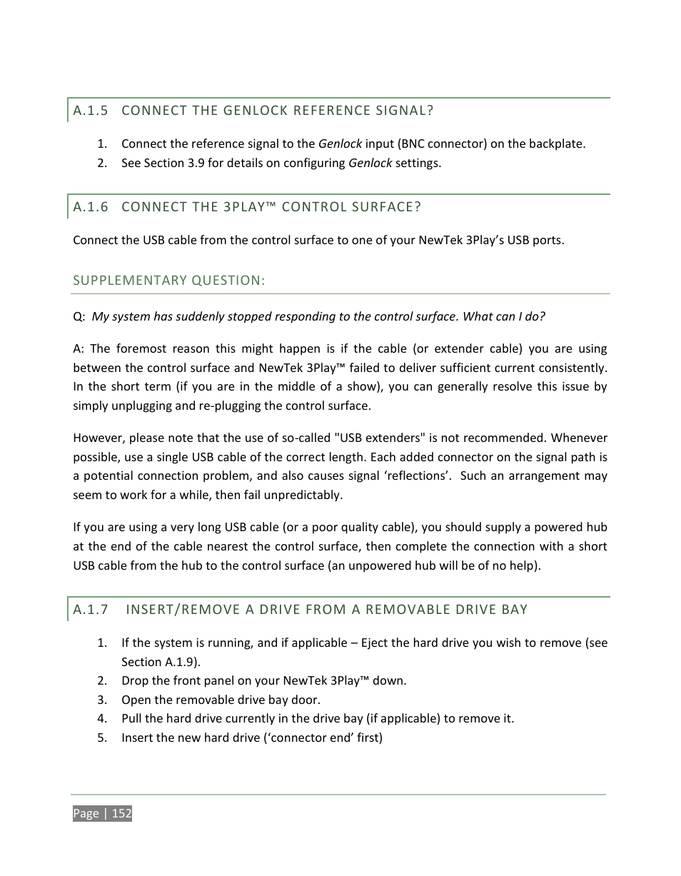 A.1.5, Connect the genlock reference signal, A.1.6 | Connect the 3play™control surface, A.1.7, Insert/remove a drive from a removable drive bay | NewTek 3Play 820 User Manual | Page 166 / 194