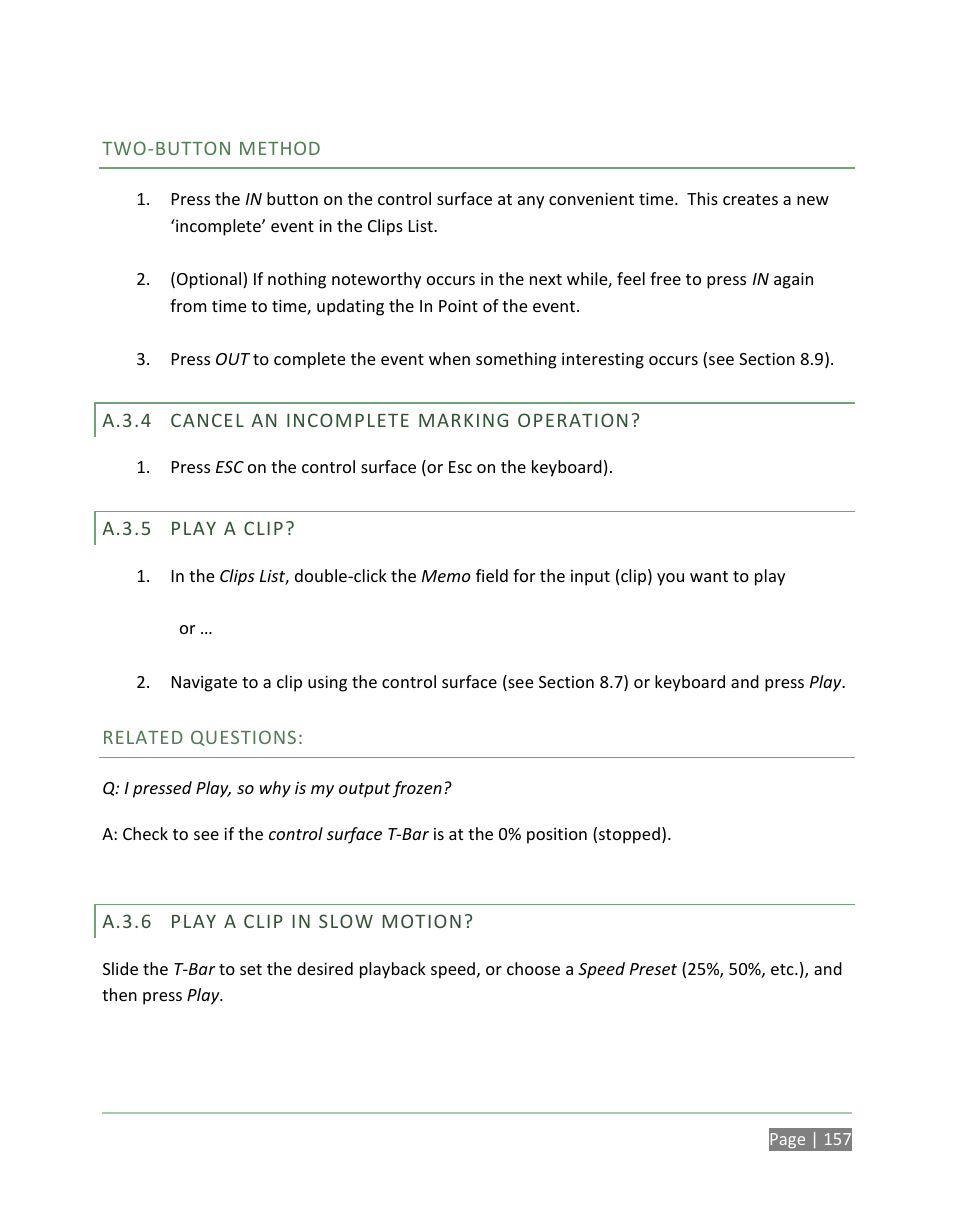 A.3.4, Cancel an incomplete marking operation, A.3.5 | Play a clip, A.3.6, Play a clip in slow motion | NewTek 3Play 820 User Manual | Page 171 / 194