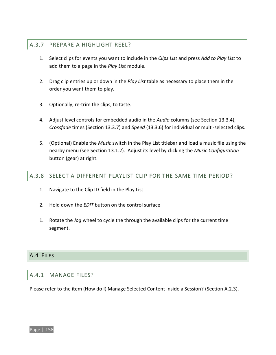 A.3.7, Prepare a highlight reel, A.3.8 | Files, A.4.1, Manage files | NewTek 3Play 820 User Manual | Page 172 / 194