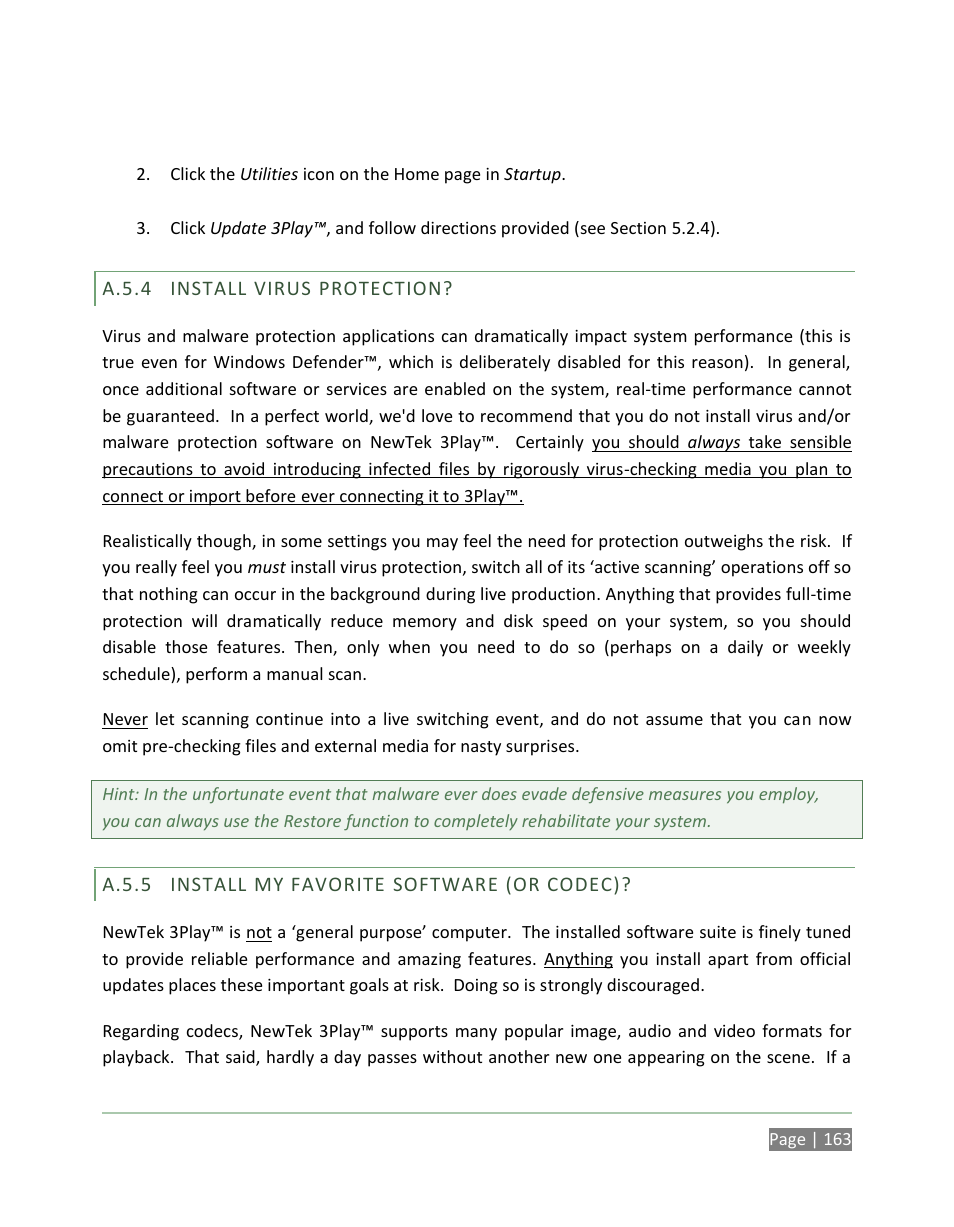 A.5.4, Install virus protection, A.5.5 | Install my favorite software (or codec) | NewTek 3Play 820 User Manual | Page 177 / 194