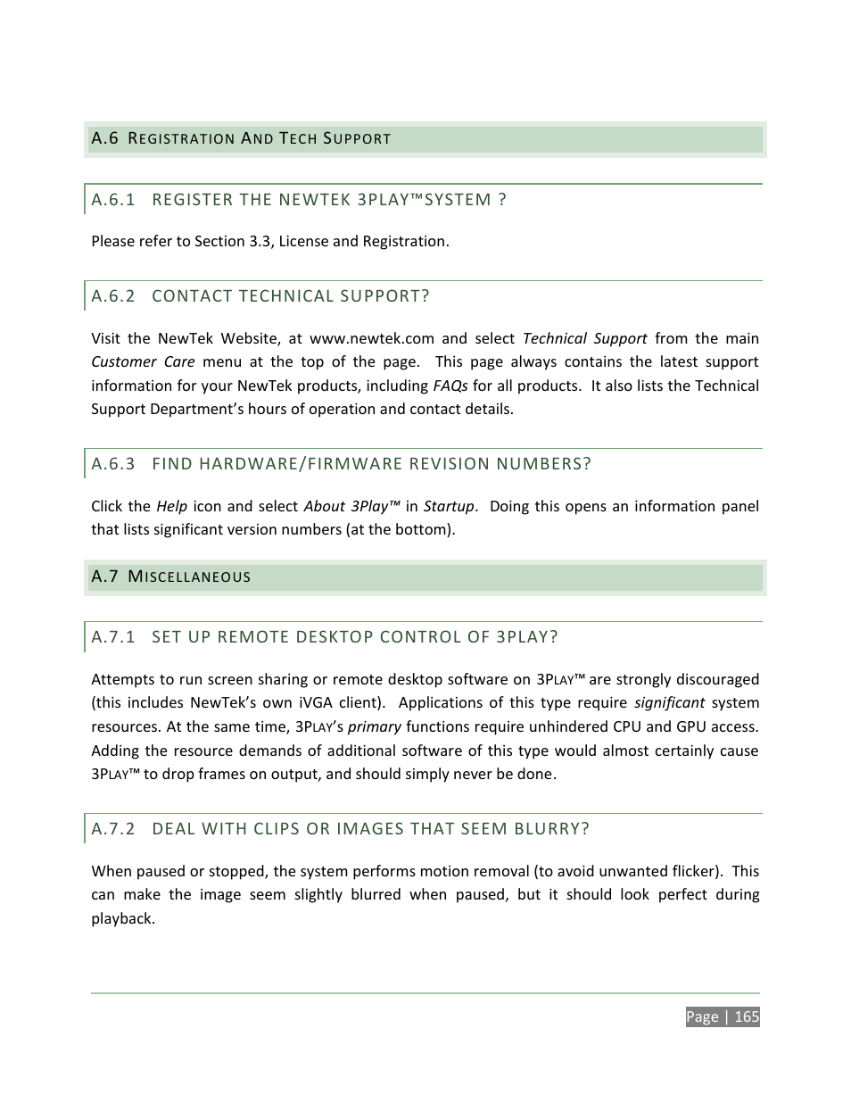 Registration and tech support, A.6.1, Register the newtek 3play™system | A.6.2, Contact technical support, A.6.3, Find hardware/firmware revision numbers, Miscellaneous, A.7.1, Set up remote desktop control of 3play | NewTek 3Play 820 User Manual | Page 179 / 194