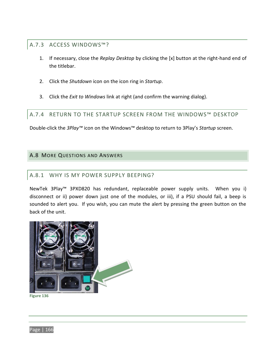 A.7.3, Access windows, A.7.4 | More questions and answers, A.8.1, Why is my power supply beeping | NewTek 3Play 820 User Manual | Page 180 / 194