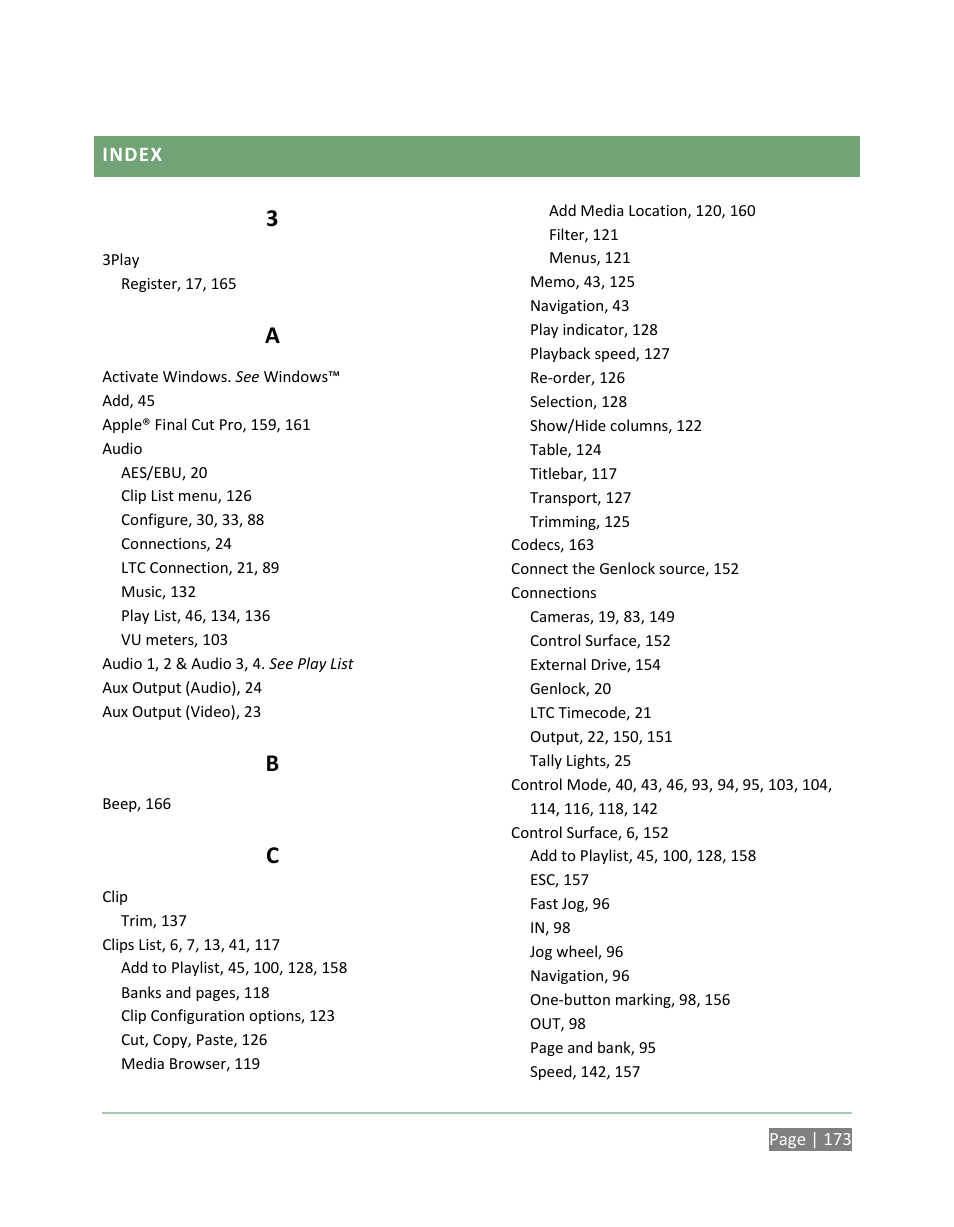 Index | NewTek 3Play 820 User Manual | Page 187 / 194