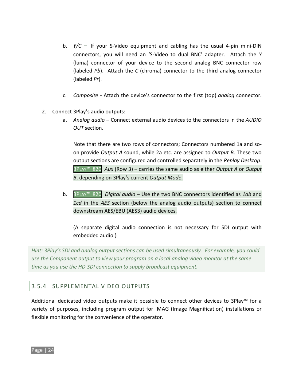 Supplemental video outputs | NewTek 3Play 820 User Manual | Page 38 / 194