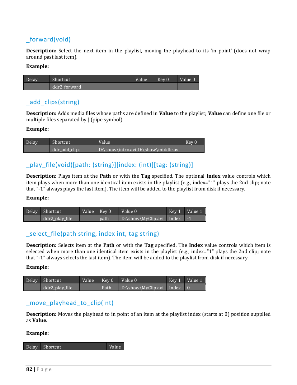 Forward(void), Add_clips(string), Select_file(path string, index int, tag string) | Move_playhead_to_clip(int) | NewTek TriCaster Advanced Edition Automation and Integration Guide User Manual | Page 94 / 179