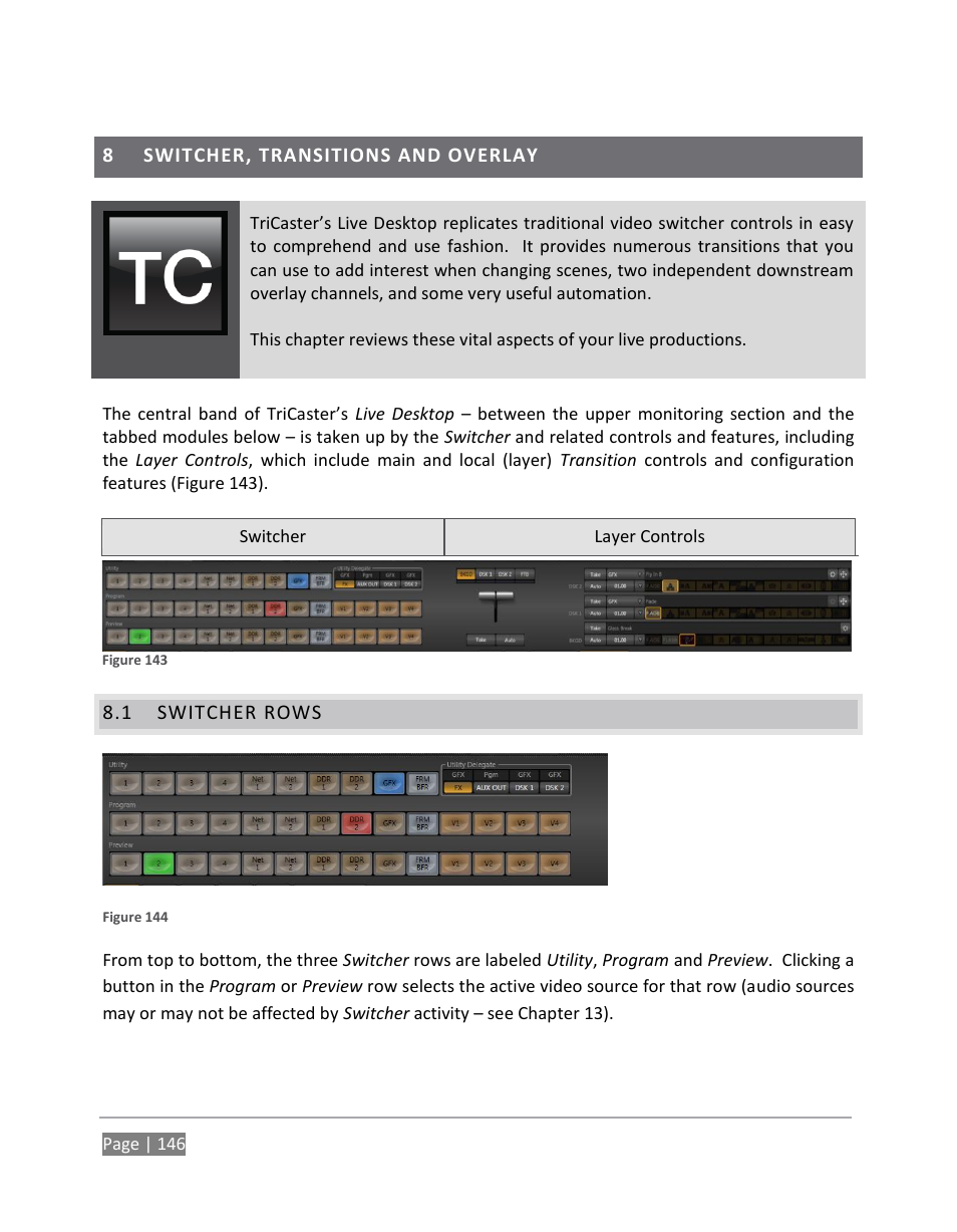 Switcher, transitions and overlay, Switcher rows | NewTek TriCaster 855 User Manual | Page 162 / 368