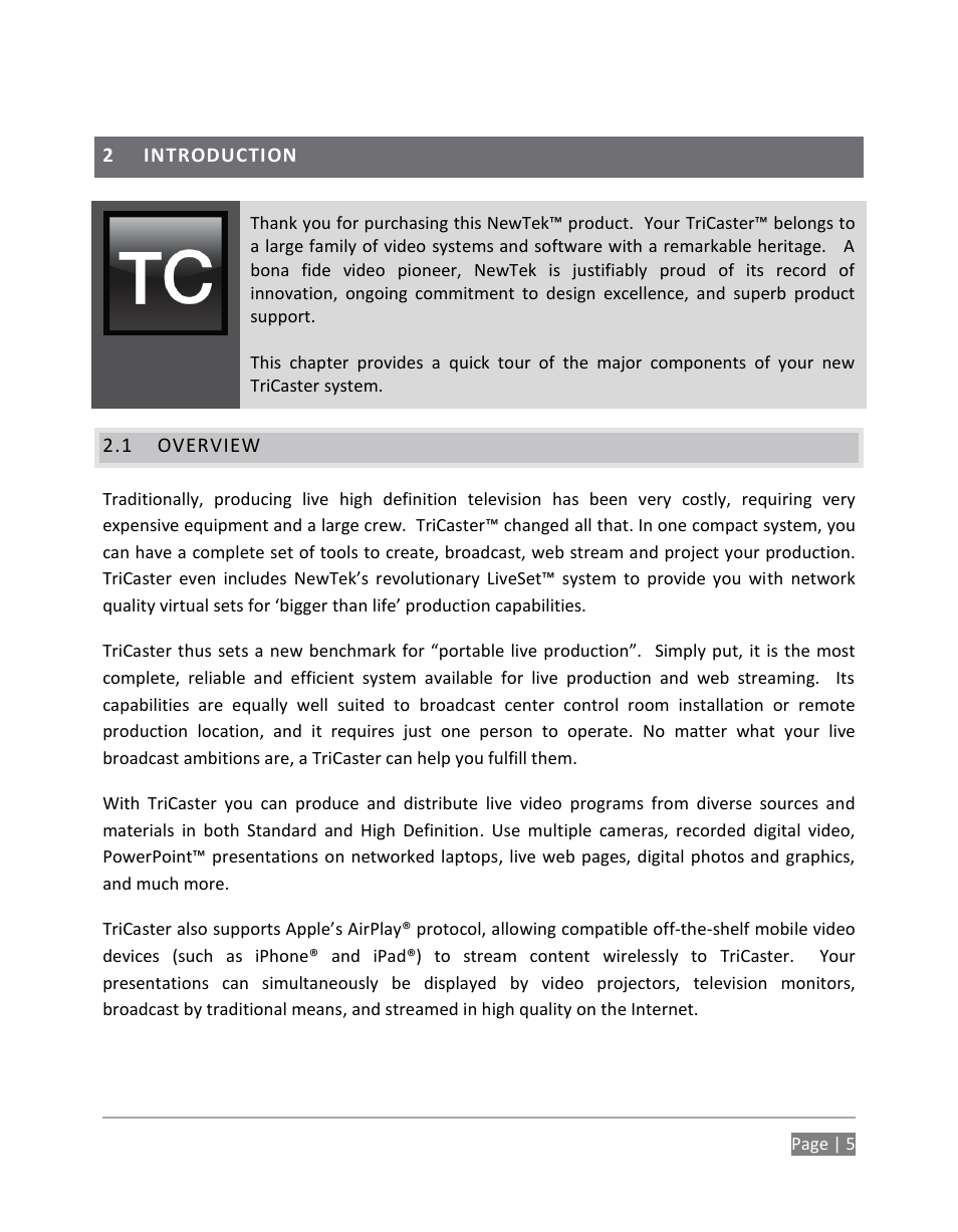 Introduction, Overview | NewTek TriCaster 855 User Manual | Page 21 / 368