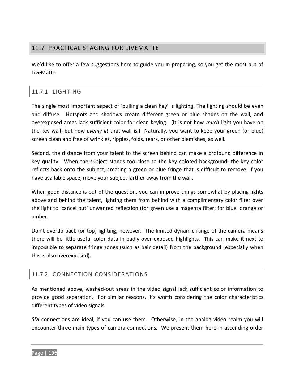 Practical staging for livematte, Lighting, Connection considerations | NewTek TriCaster 855 User Manual | Page 212 / 368