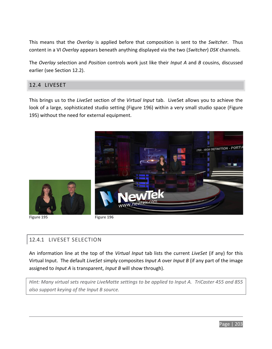 Liveset, Liveset selection | NewTek TriCaster 855 User Manual | Page 219 / 368