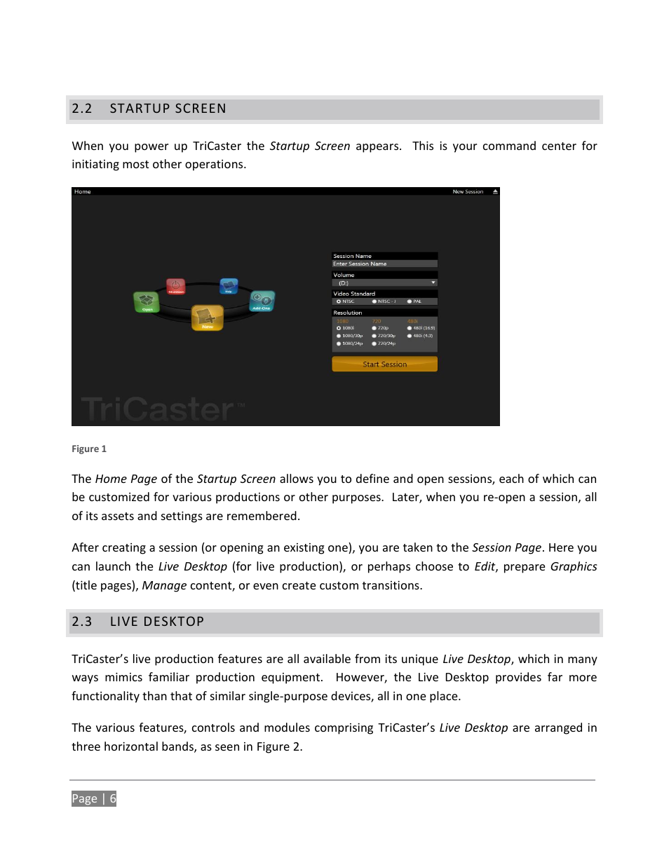 Startup screen, Live desktop | NewTek TriCaster 855 User Manual | Page 22 / 368