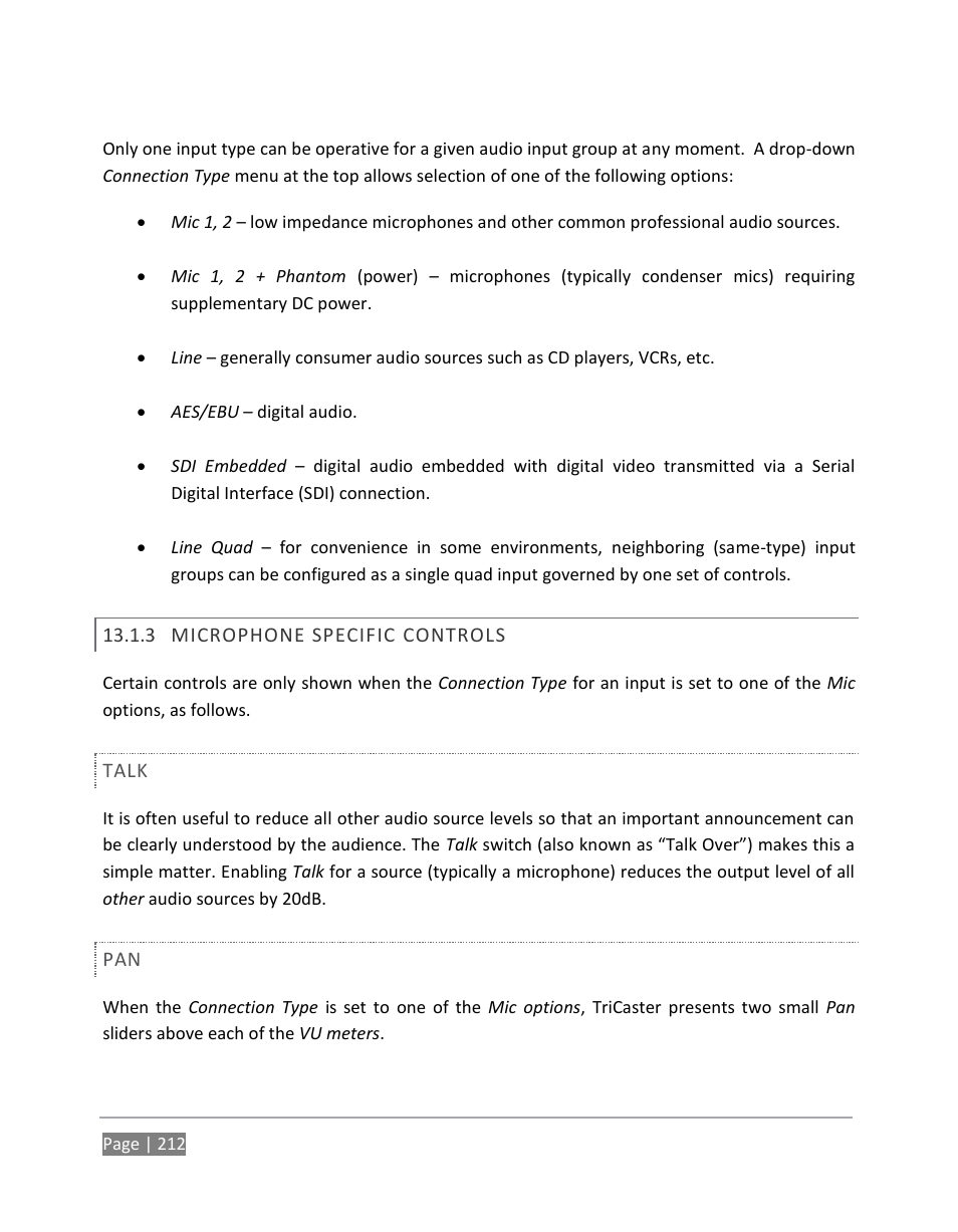 Microphone specific controls | NewTek TriCaster 855 User Manual | Page 228 / 368