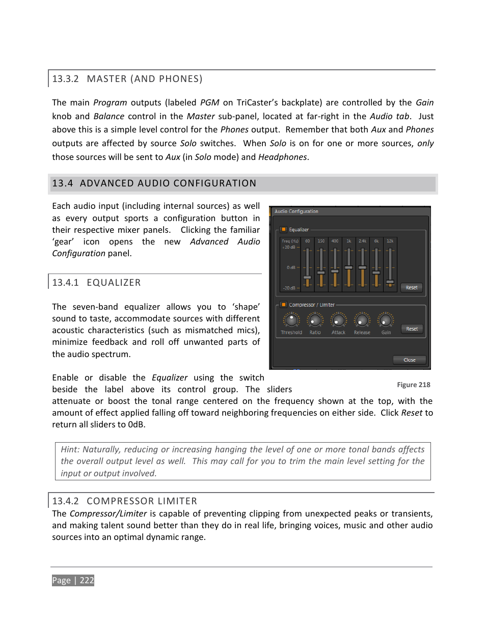 Master (and phones), Advanced audio configuration, Equalizer | Compressor limiter, 4, advanced audio configuration | NewTek TriCaster 855 User Manual | Page 238 / 368