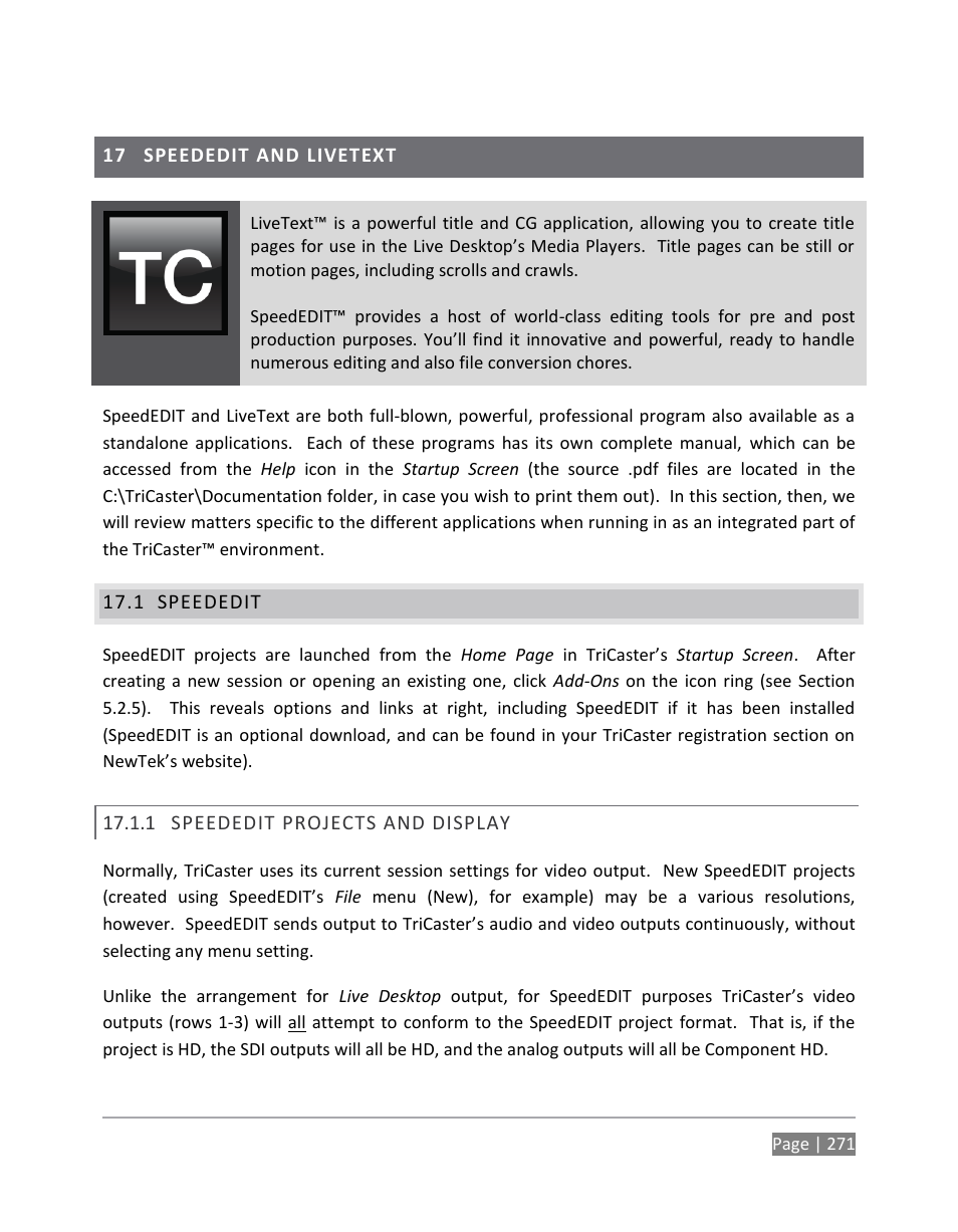 Speededit and livetext, Speededit, Speededit projects and display | 17 f, Ter 17), R 17 | NewTek TriCaster 855 User Manual | Page 287 / 368