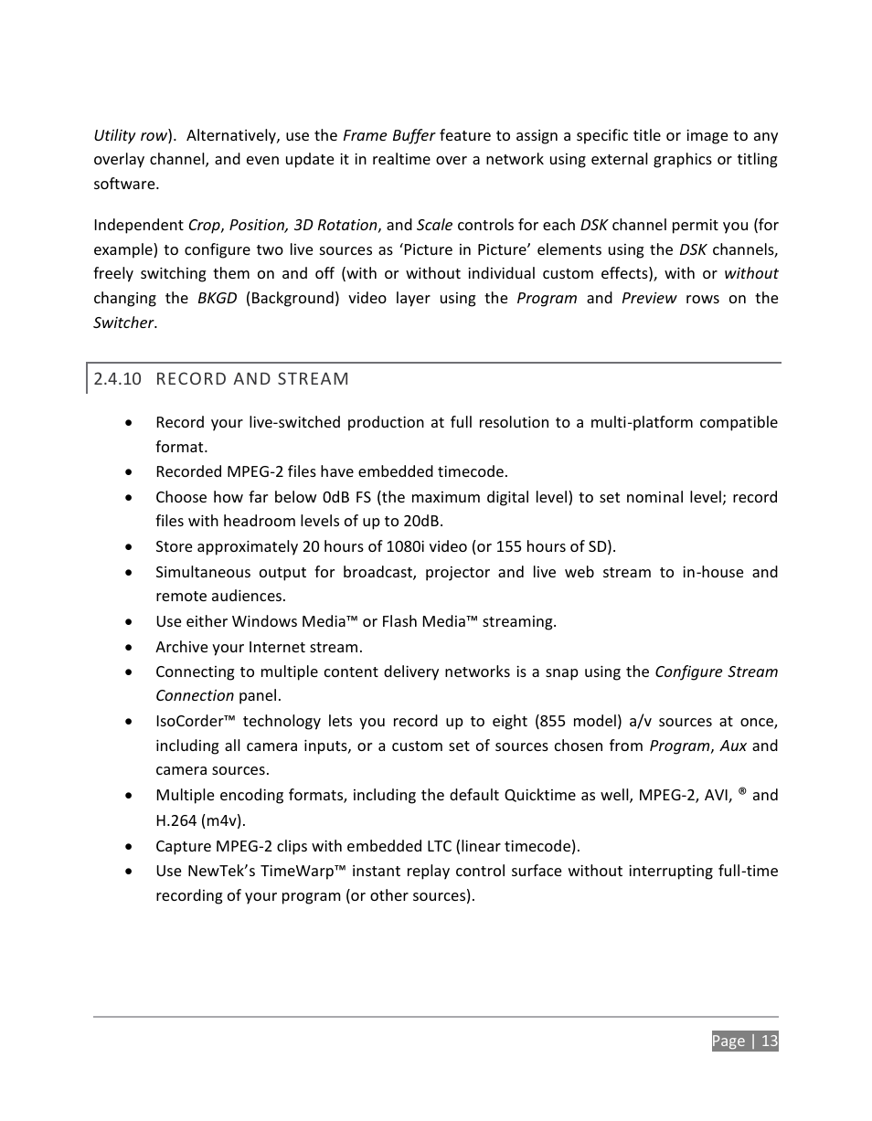 Record and stream | NewTek TriCaster 855 User Manual | Page 29 / 368