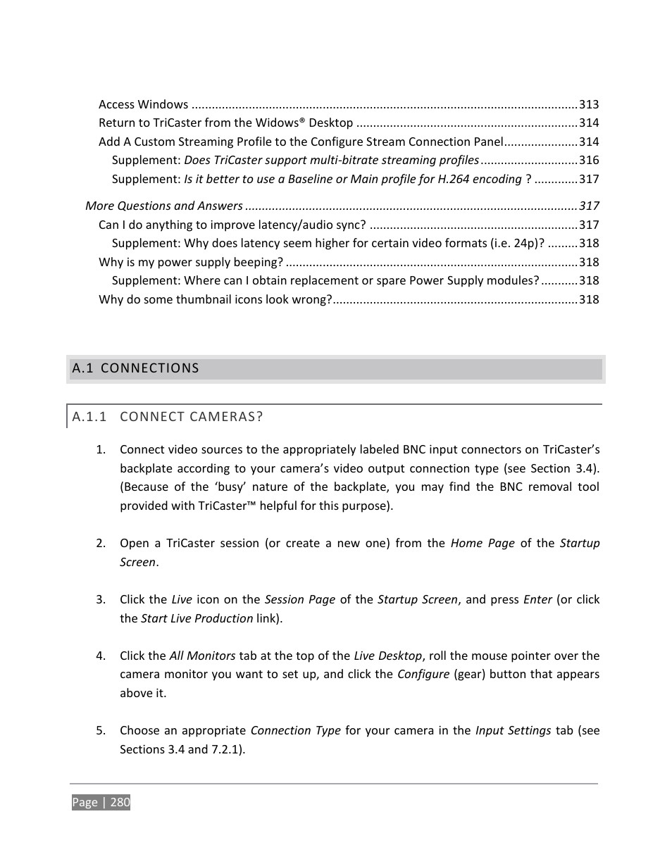 Connections, A.1.1, Connect cameras | NewTek TriCaster 855 User Manual | Page 296 / 368