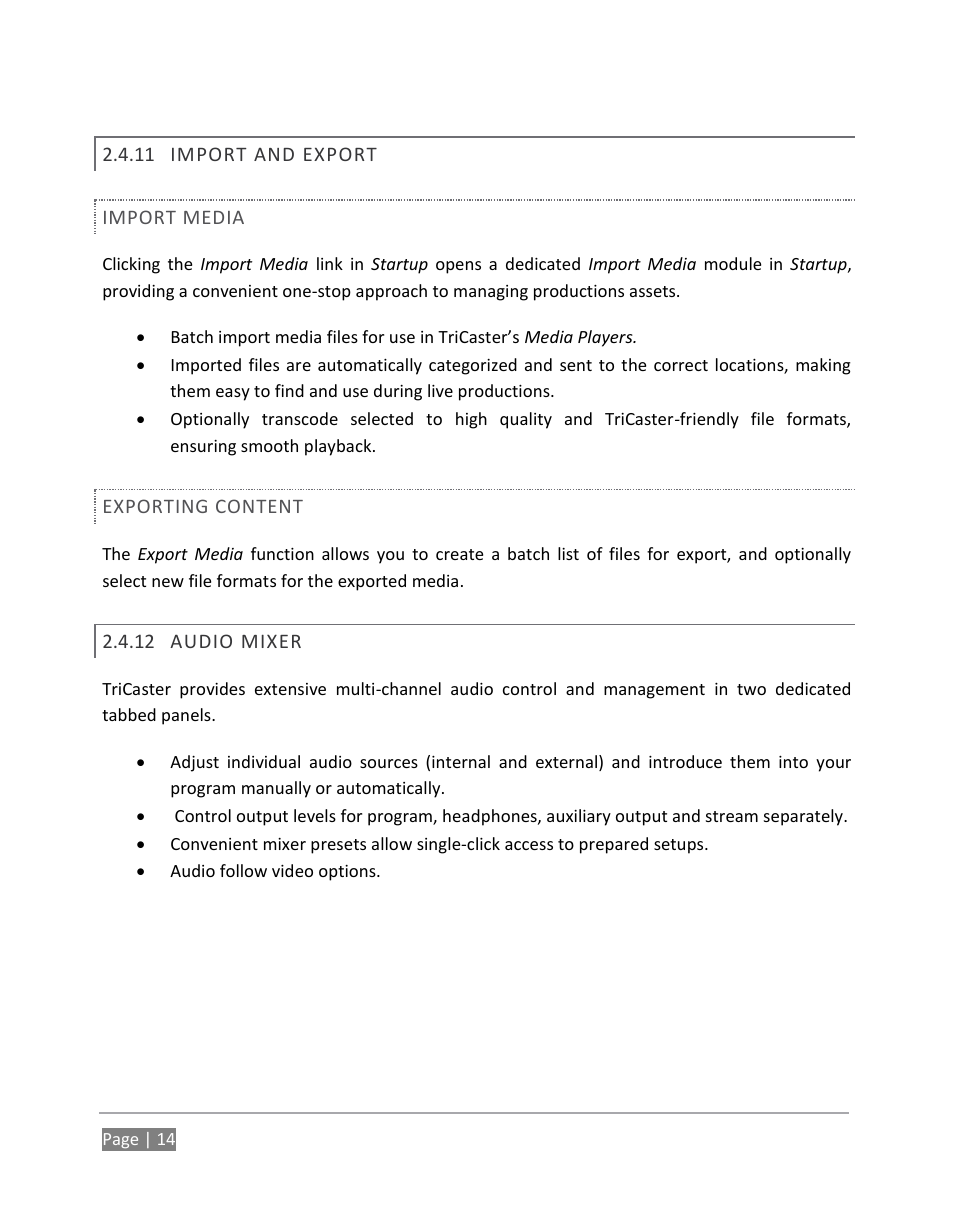 Import and export, Audio mixer | NewTek TriCaster 855 User Manual | Page 30 / 368