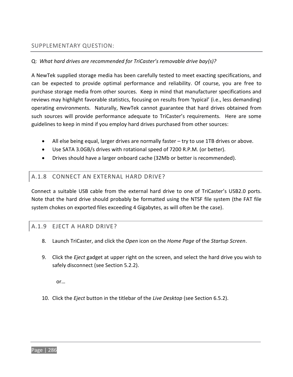 A.1.8, Connect an external hard drive, A.1.9 | Eject a hard drive | NewTek TriCaster 855 User Manual | Page 302 / 368