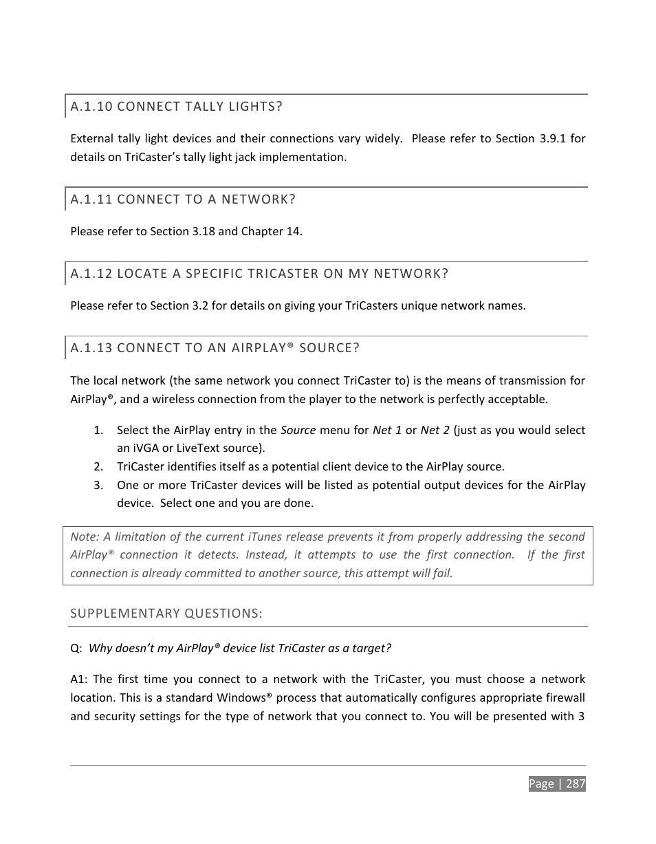 A.1.10, Connect tally lights, A.1.11 | Connect to a network, A.1.12, Locate a specific tricaster on my network, A.1.13, Connect to an airplay® source | NewTek TriCaster 855 User Manual | Page 303 / 368