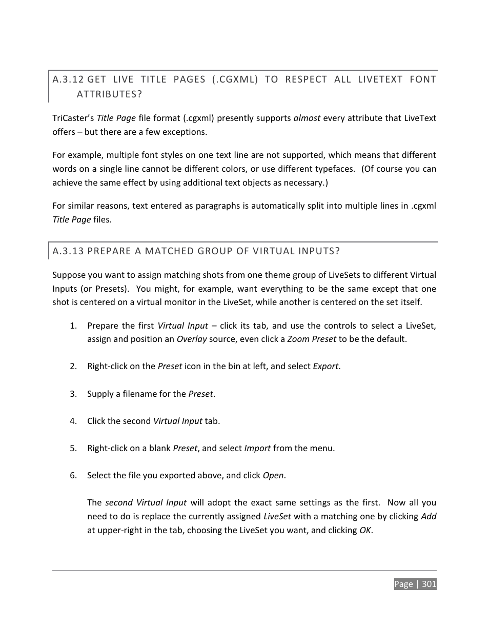 A.3.12, A.3.13, Prepare a matched group of virtual inputs | NewTek TriCaster 855 User Manual | Page 317 / 368