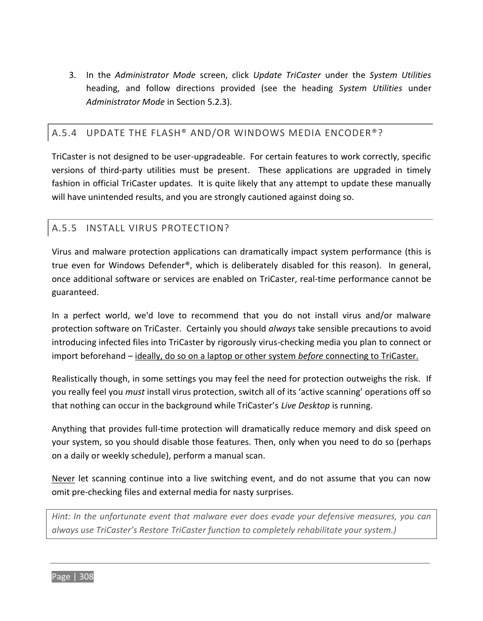 A.5.4, Update the flash® and/or windows media encoder, A.5.5 | Install virus protection | NewTek TriCaster 855 User Manual | Page 324 / 368