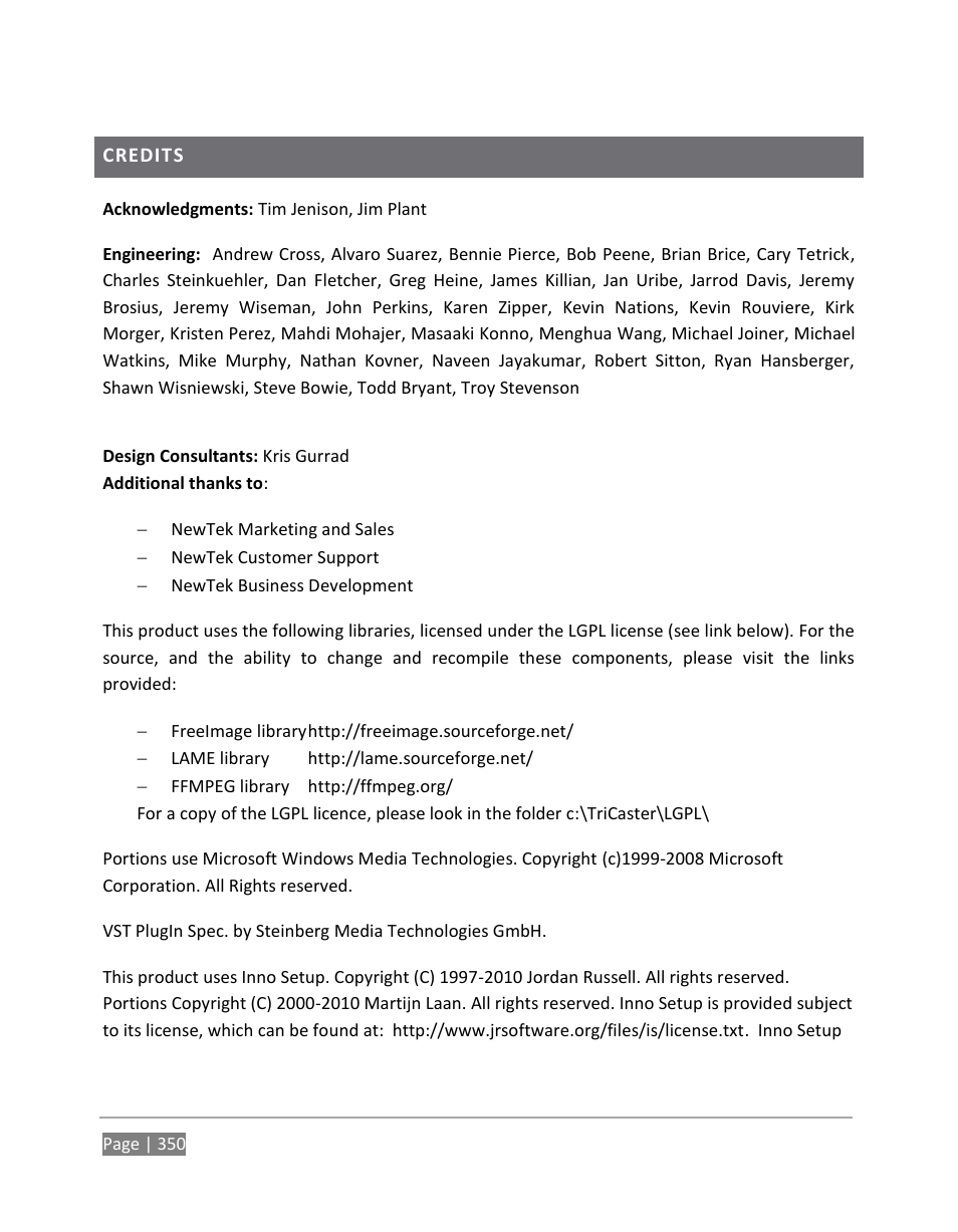 Credits | NewTek TriCaster 855 User Manual | Page 366 / 368