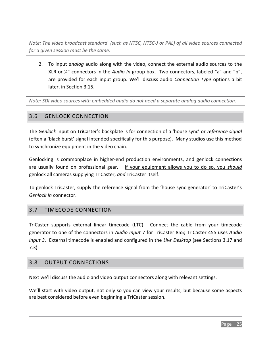 Genlock connection, Timecode connection, Output connections | NewTek TriCaster 855 User Manual | Page 41 / 368