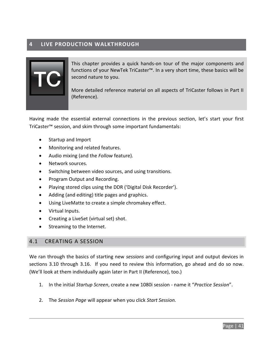 Live production walkthrough, Creating a session, Ter 4, live production | NewTek TriCaster 855 User Manual | Page 57 / 368