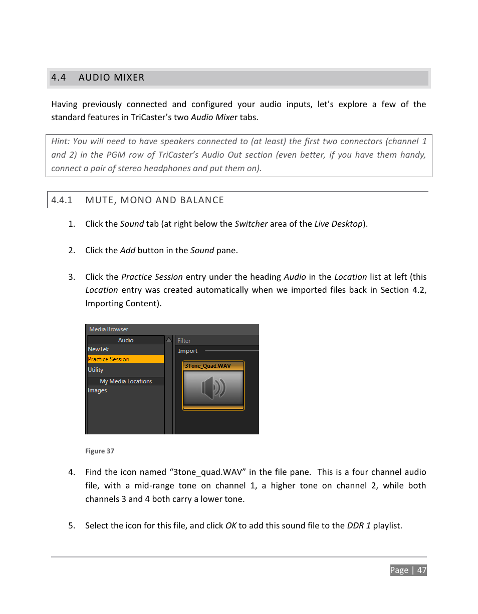 Audio mixer, Mute, mono and balance | NewTek TriCaster 855 User Manual | Page 63 / 368