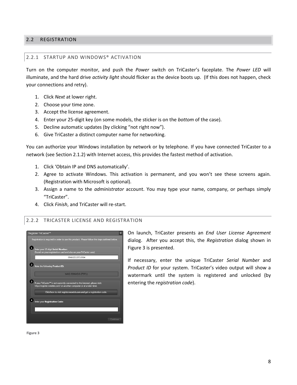 2 registration, 1 startup and windows® activation, 2 tricaster license and registration | Registration, Startup and windows® activation, Tricaster license and registration | NewTek TriCaster 40 User Manual | Page 10 / 80