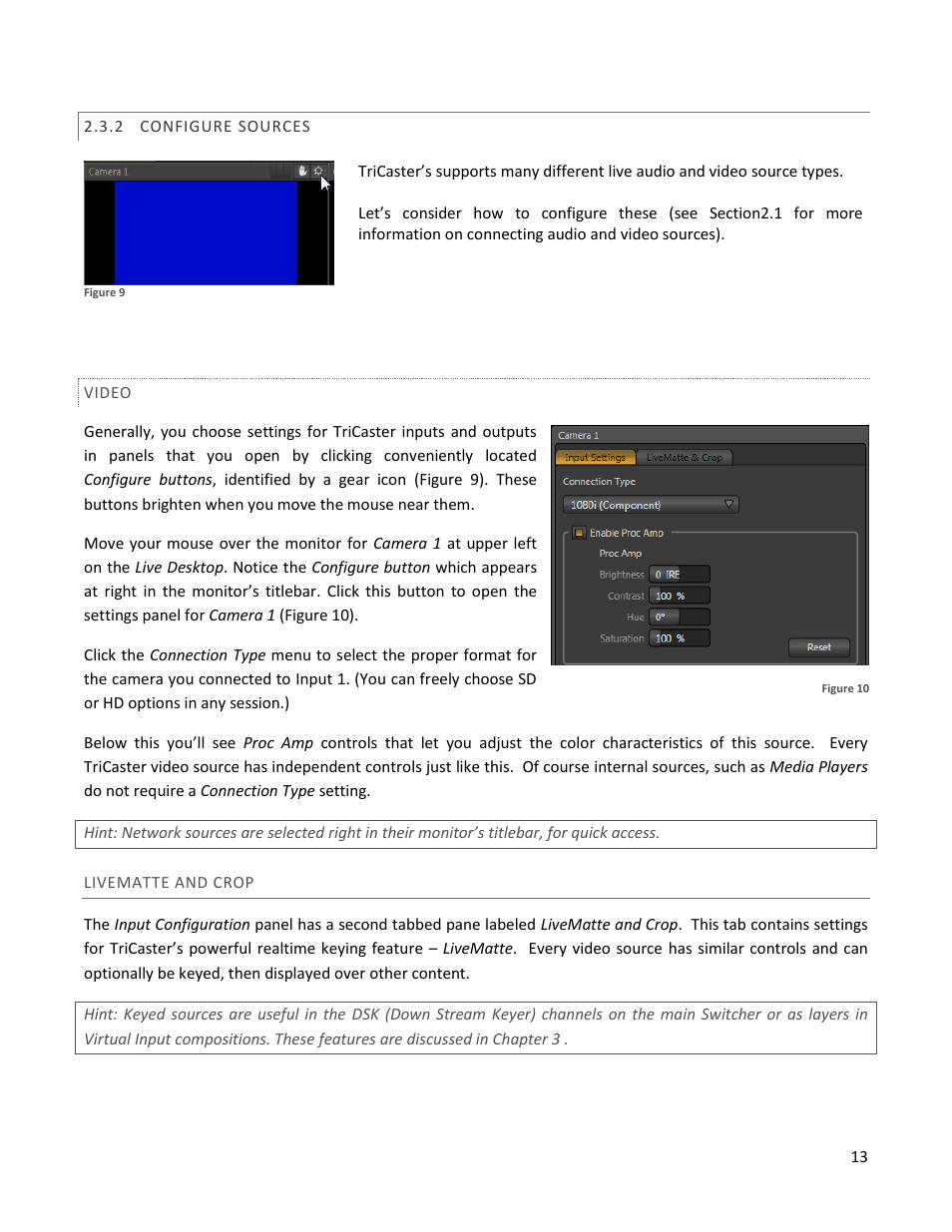 2 configure sources, Video, Livematte and crop | Configure sources | NewTek TriCaster 40 User Manual | Page 15 / 80