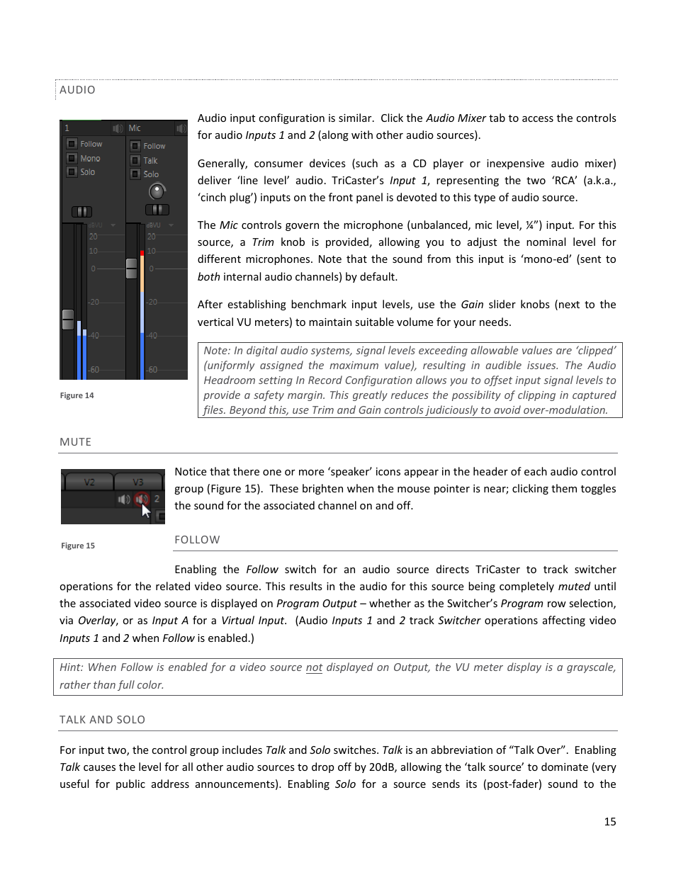 Audio, Mute, Follow | Talk and solo | NewTek TriCaster 40 User Manual | Page 17 / 80