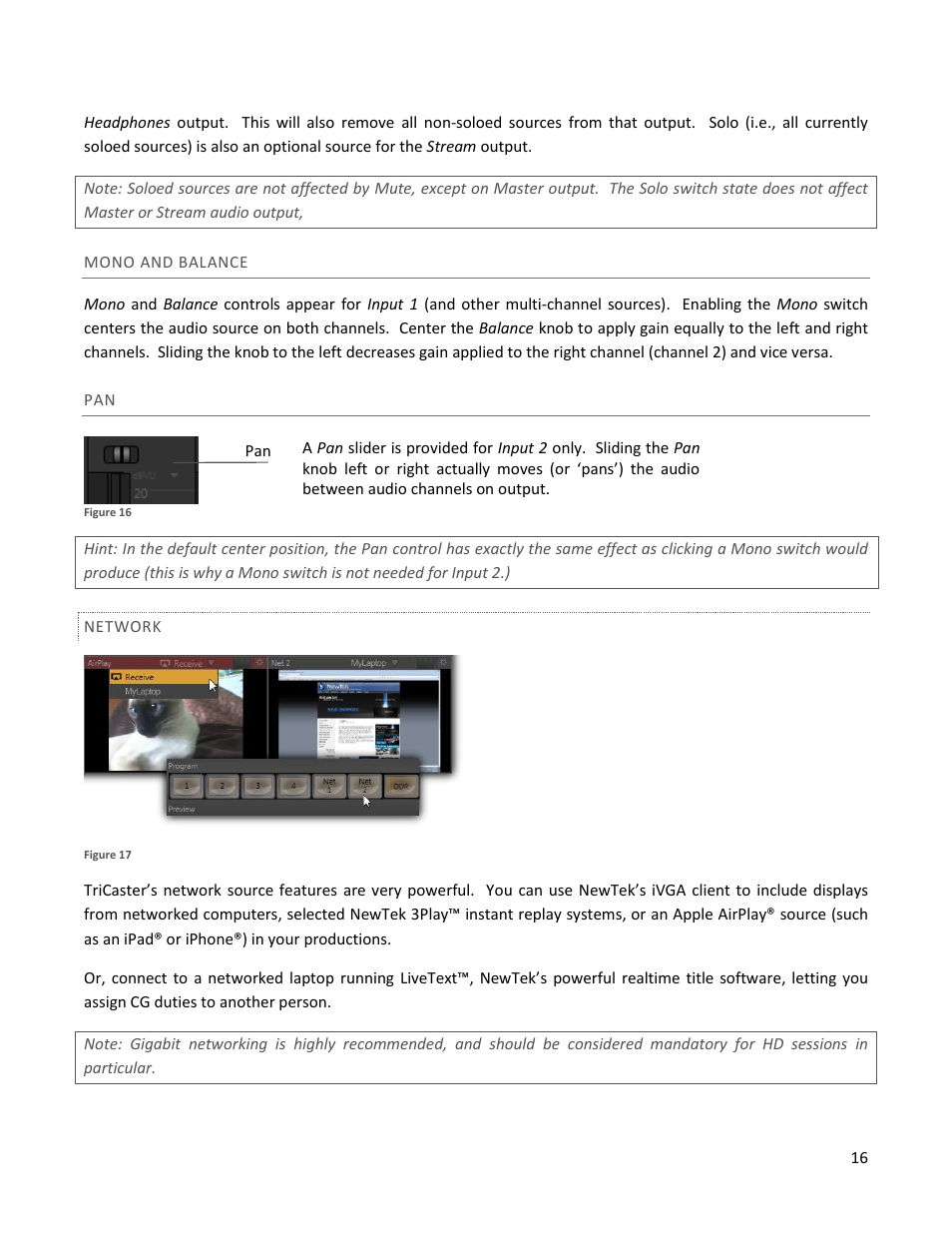 Mono and balance, Network | NewTek TriCaster 40 User Manual | Page 18 / 80