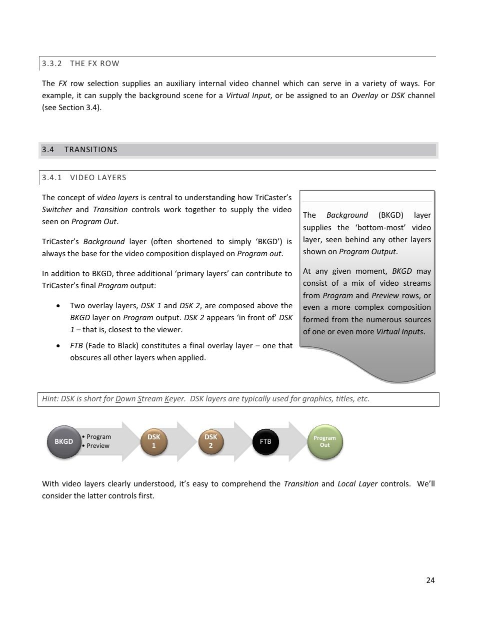 2 the fx row, 4 transitions, 1 video layers | The fx row, Transitions, Video layers | NewTek TriCaster 40 User Manual | Page 26 / 80