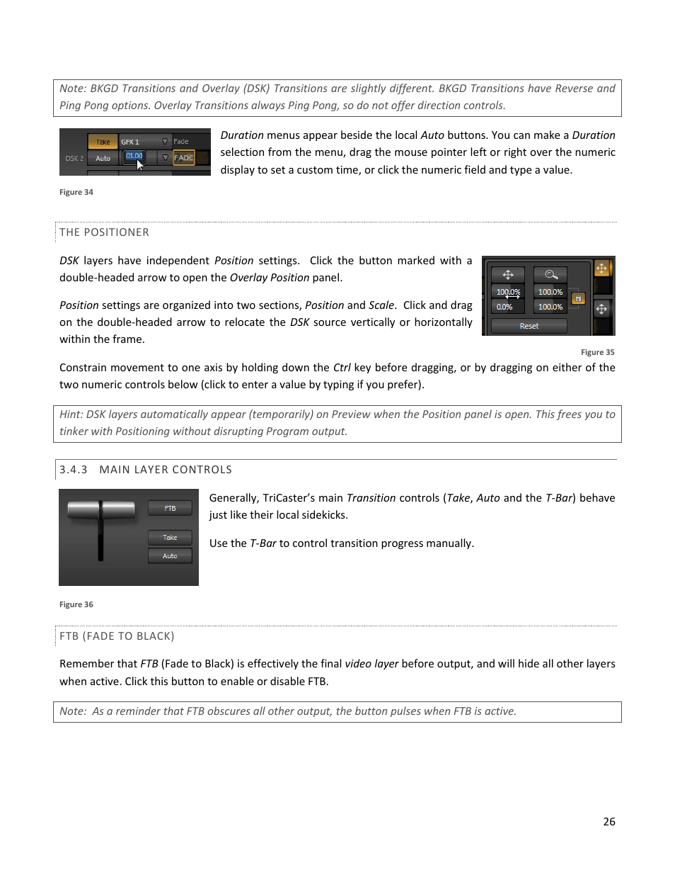 The positioner, 3 main layer controls, Ftb (fade to black) | Main layer controls | NewTek TriCaster 40 User Manual | Page 28 / 80