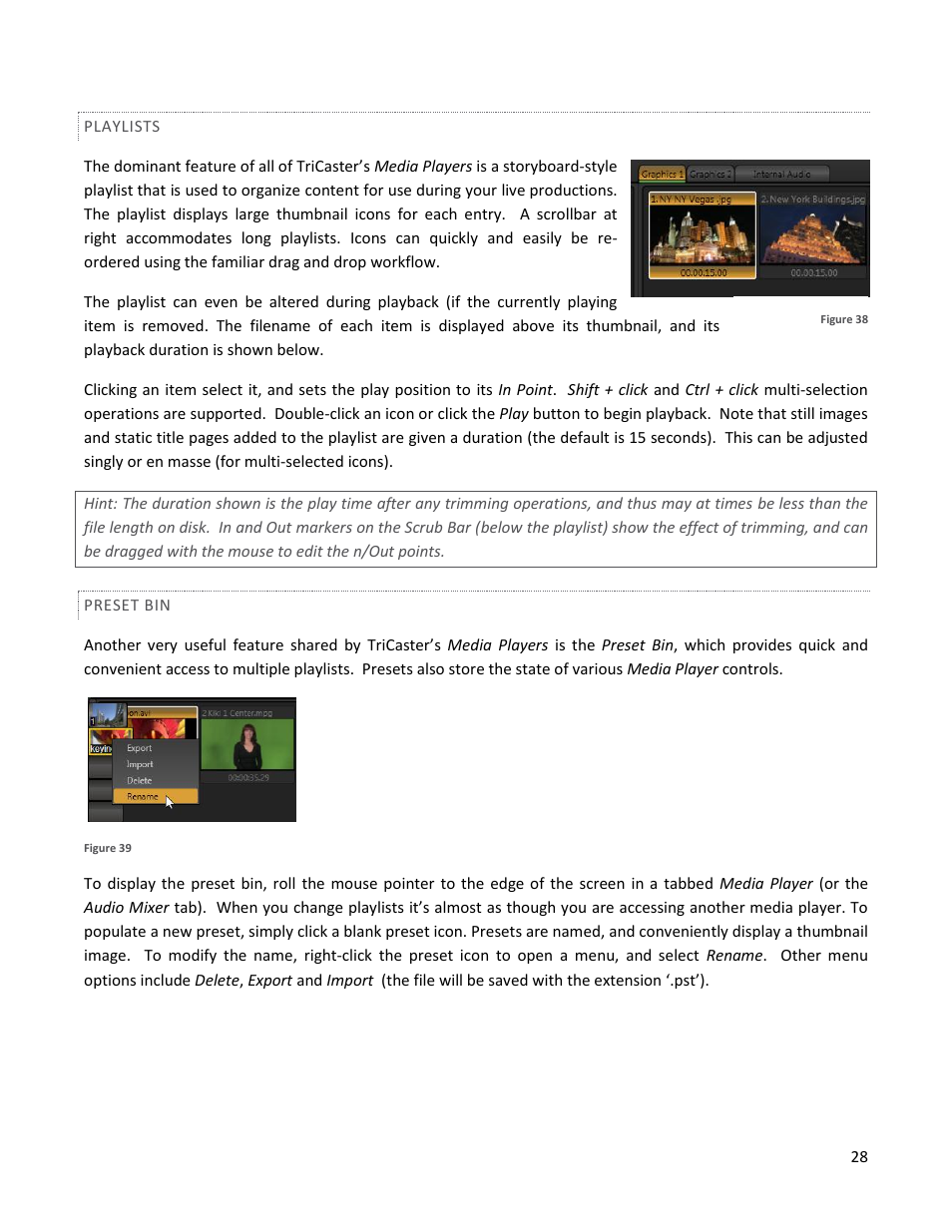 Playlists, Preset bin | NewTek TriCaster 40 User Manual | Page 30 / 80