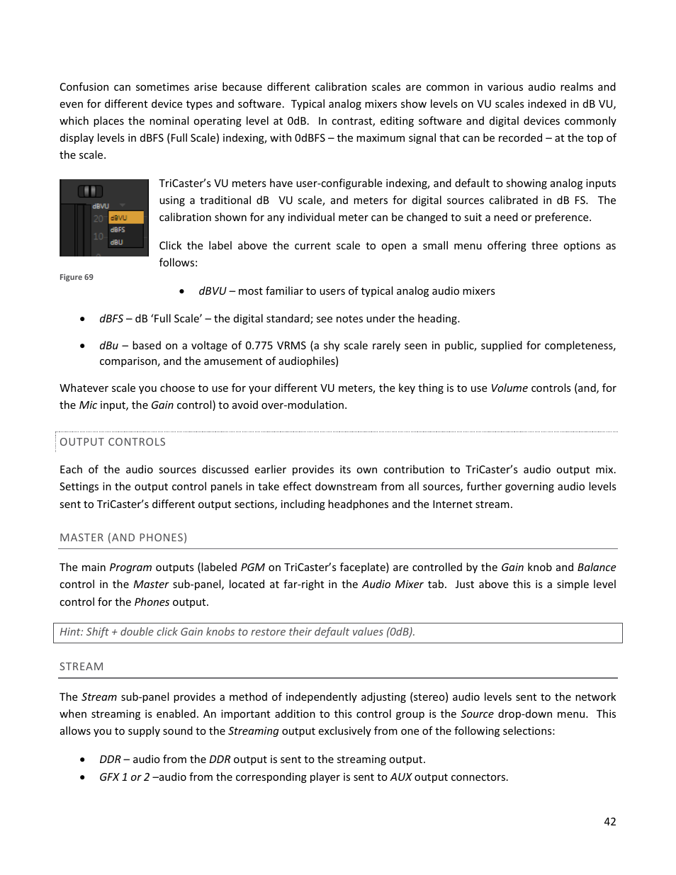 Output controls, Master (and phones), Stream | NewTek TriCaster 40 User Manual | Page 44 / 80