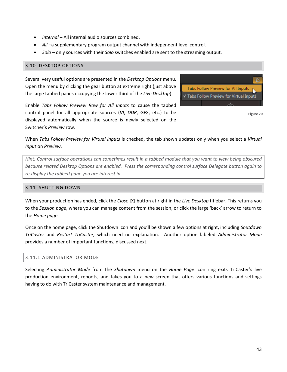 10 desktop options, 11 shutting down, 1 administrator mode | Desktop options, Shutting down | NewTek TriCaster 40 User Manual | Page 45 / 80